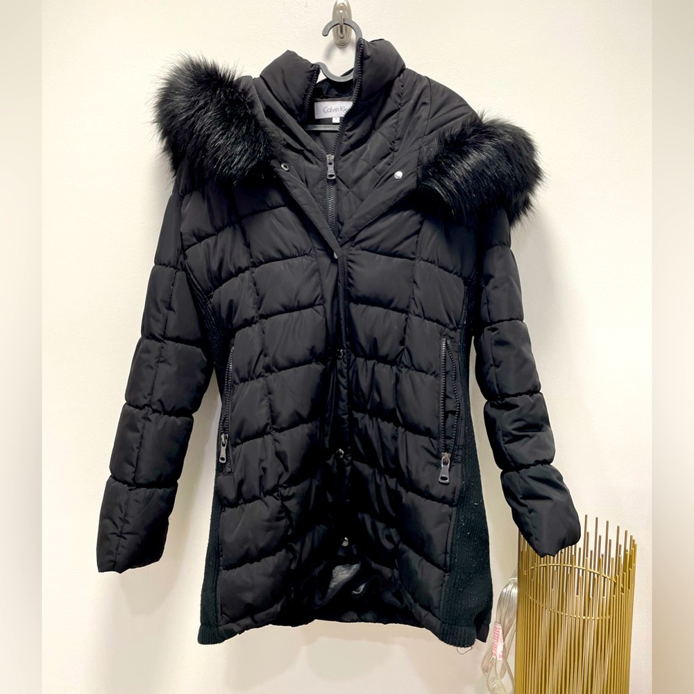 Calvin Klein Faux Fur hood Stretch Coat // Size Small // EUC